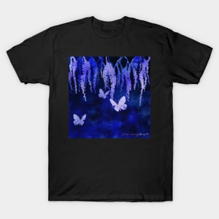 Wisteria and Butterflies Negative Painting Blue T-Shirt